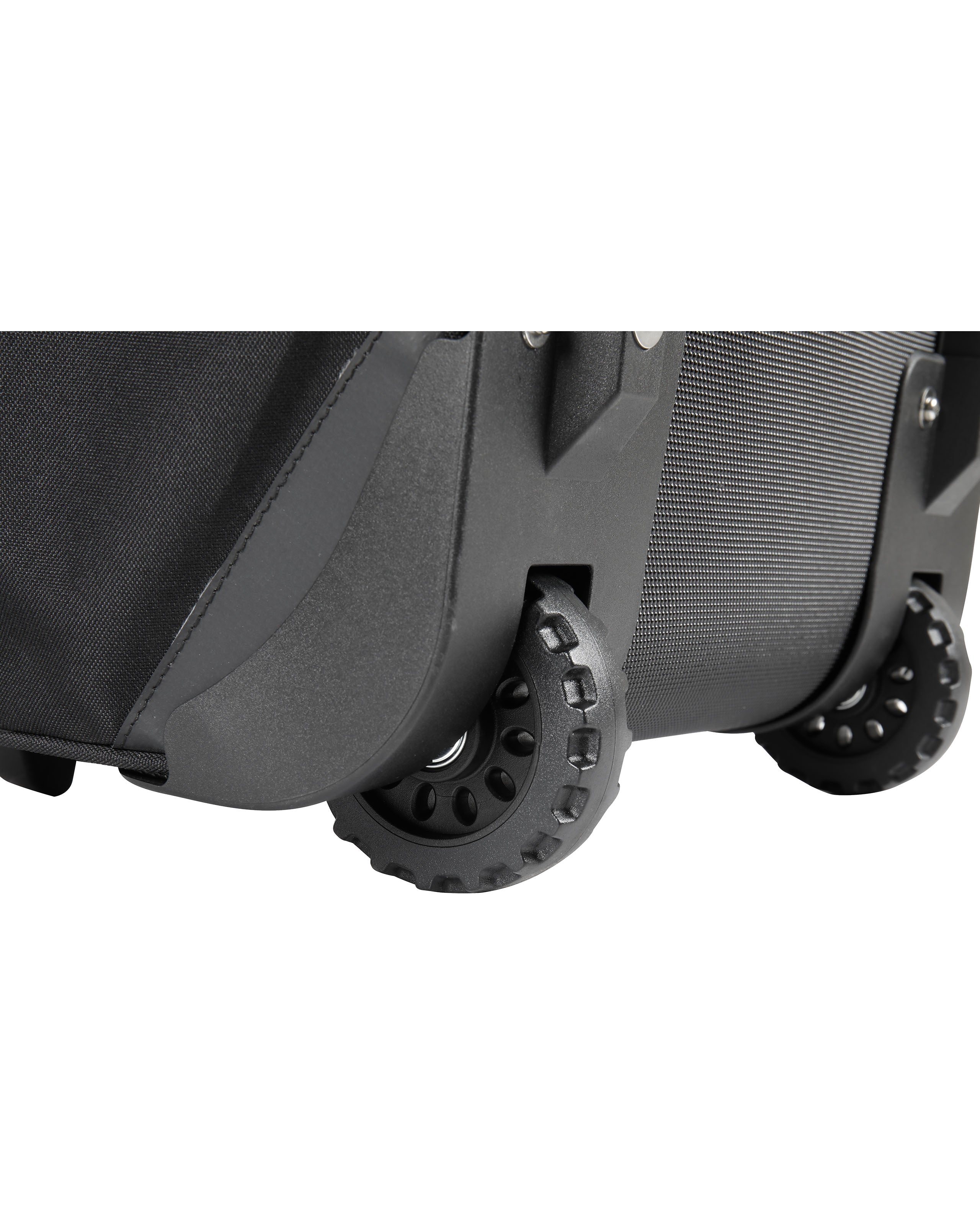 Close-up of a black suitcase with wheels on a white background