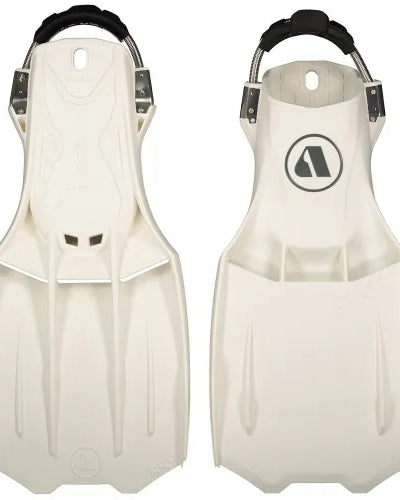A pair of white Apeks RK 4 scuba diving fins with adjustable straps and stainless steel hinges.