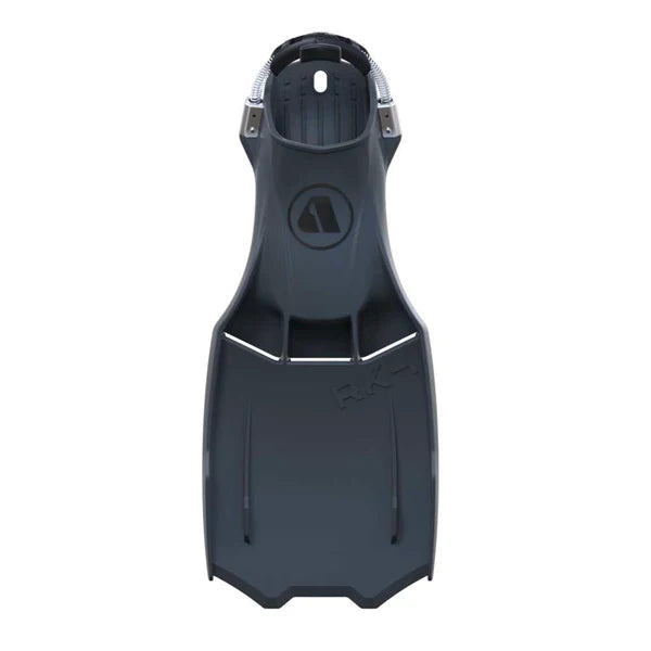 A pair of white Apeks RK 4 scuba diving fins with adjustable straps and stainless steel hinges.