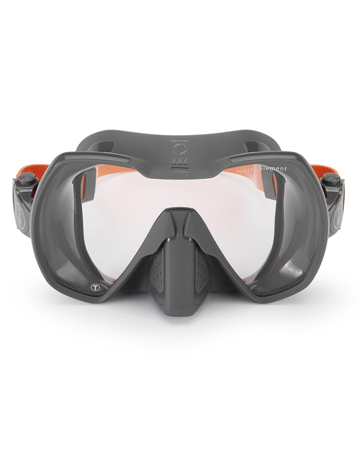 A grey diving mask with a single lens and a soft silicone skirt, designed for wide field of vision and comfortable fit.