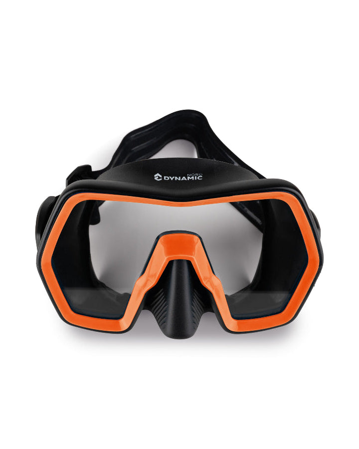 Black and orange diving mask with 'Dynamic' branding on a white background