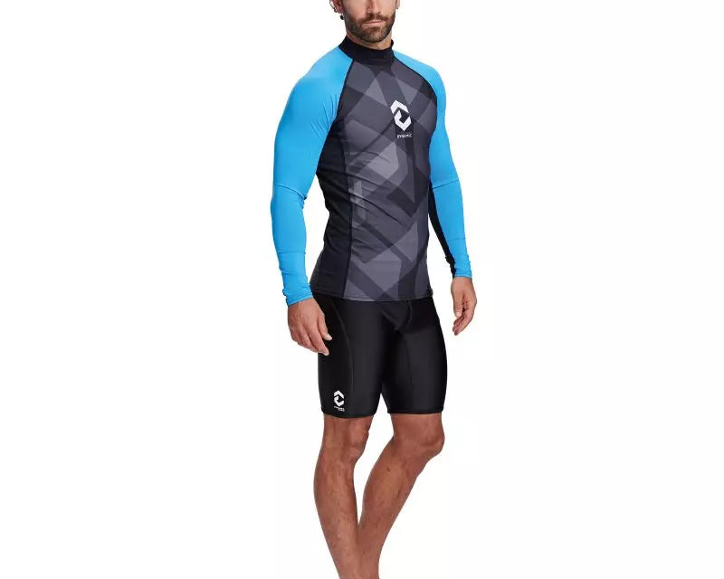 Men's DYNAMICNORD Rashguard with blue sleeves and geometric design, perfect for UV protection in watersports.