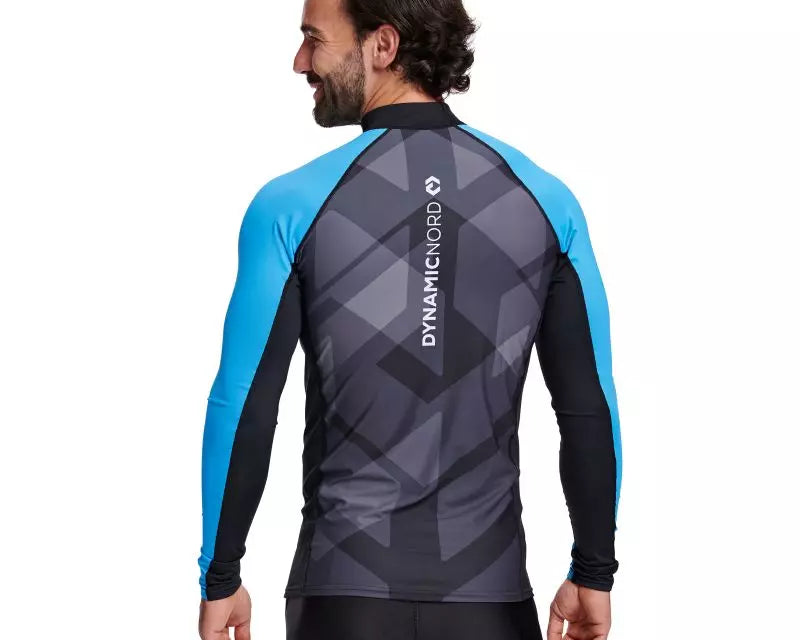 Men's DYNAMICNORD Rashguard featuring a sleek design and vibrant blue accents, ideal for watersports.