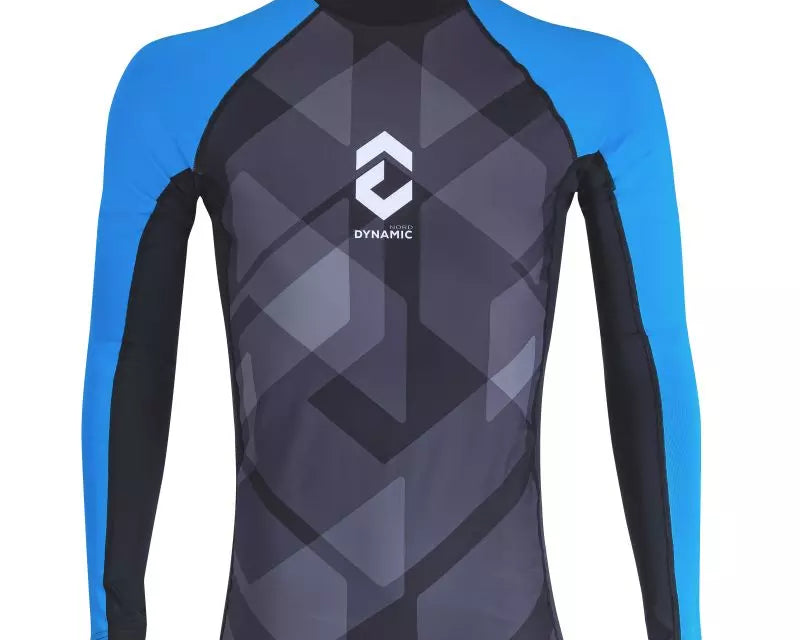 DYNAMICNORD men's rashguard with blue and black design, featuring UPF 50+ for sun protection and breathable fabric.