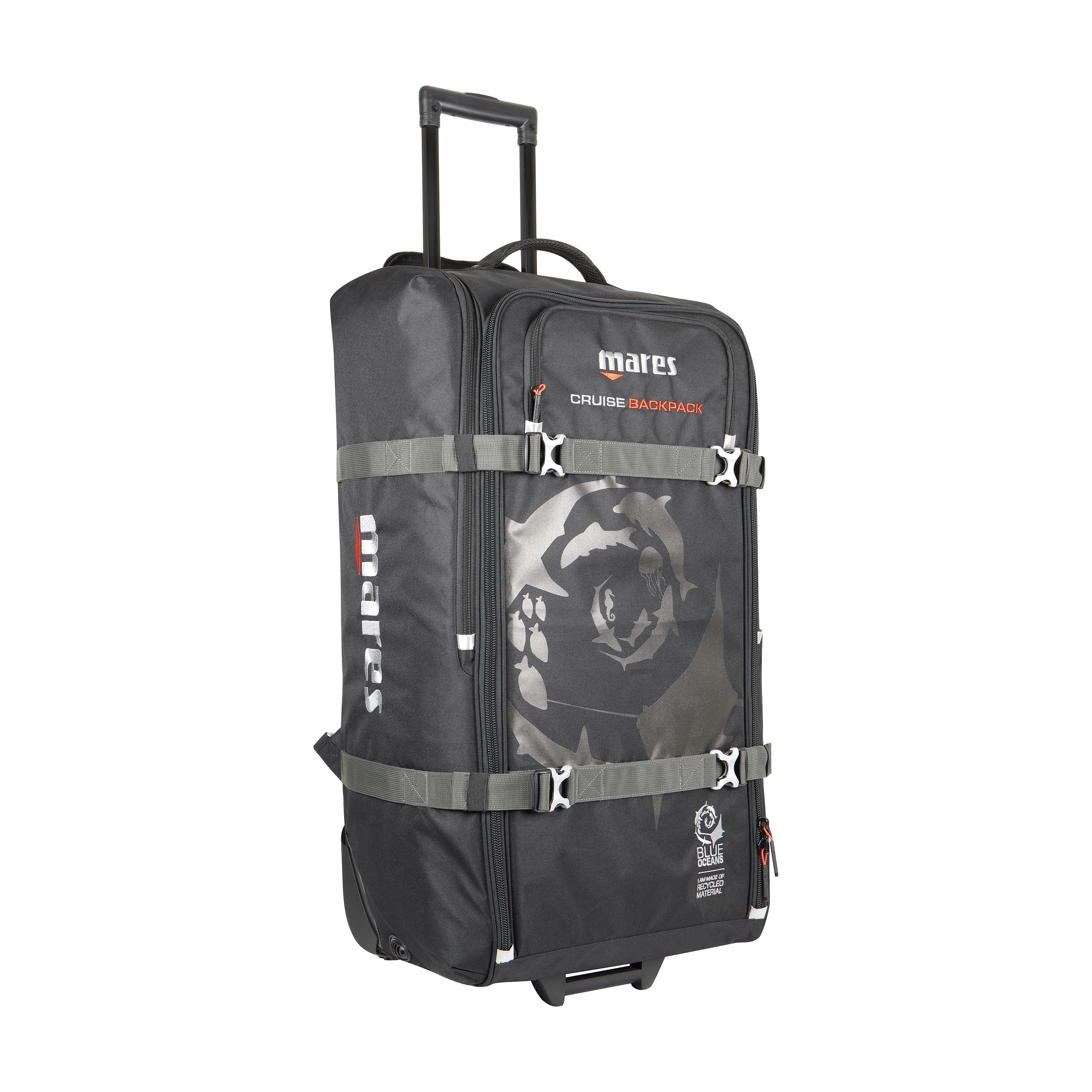 Black rolling backpack with Mares branding on a white background