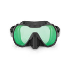 A black diving mask with a single lens and a soft silicone skirt, designed for wide field of vision and comfortable fit.
